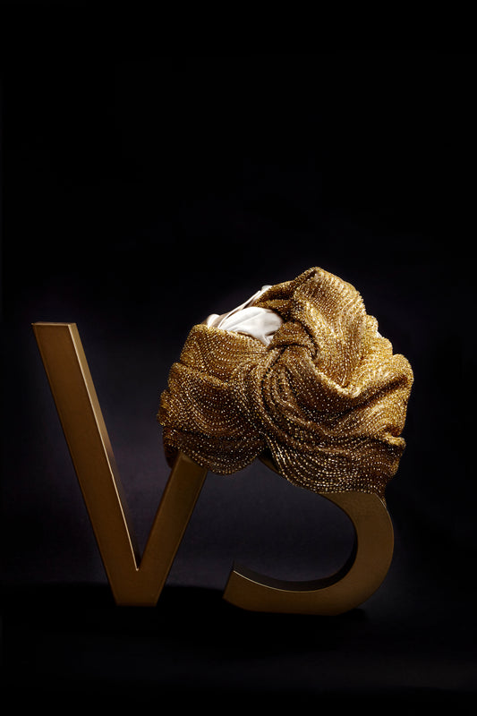 Gold Silk Satin Luxury Bespoke Turban with Jewels Embellishment